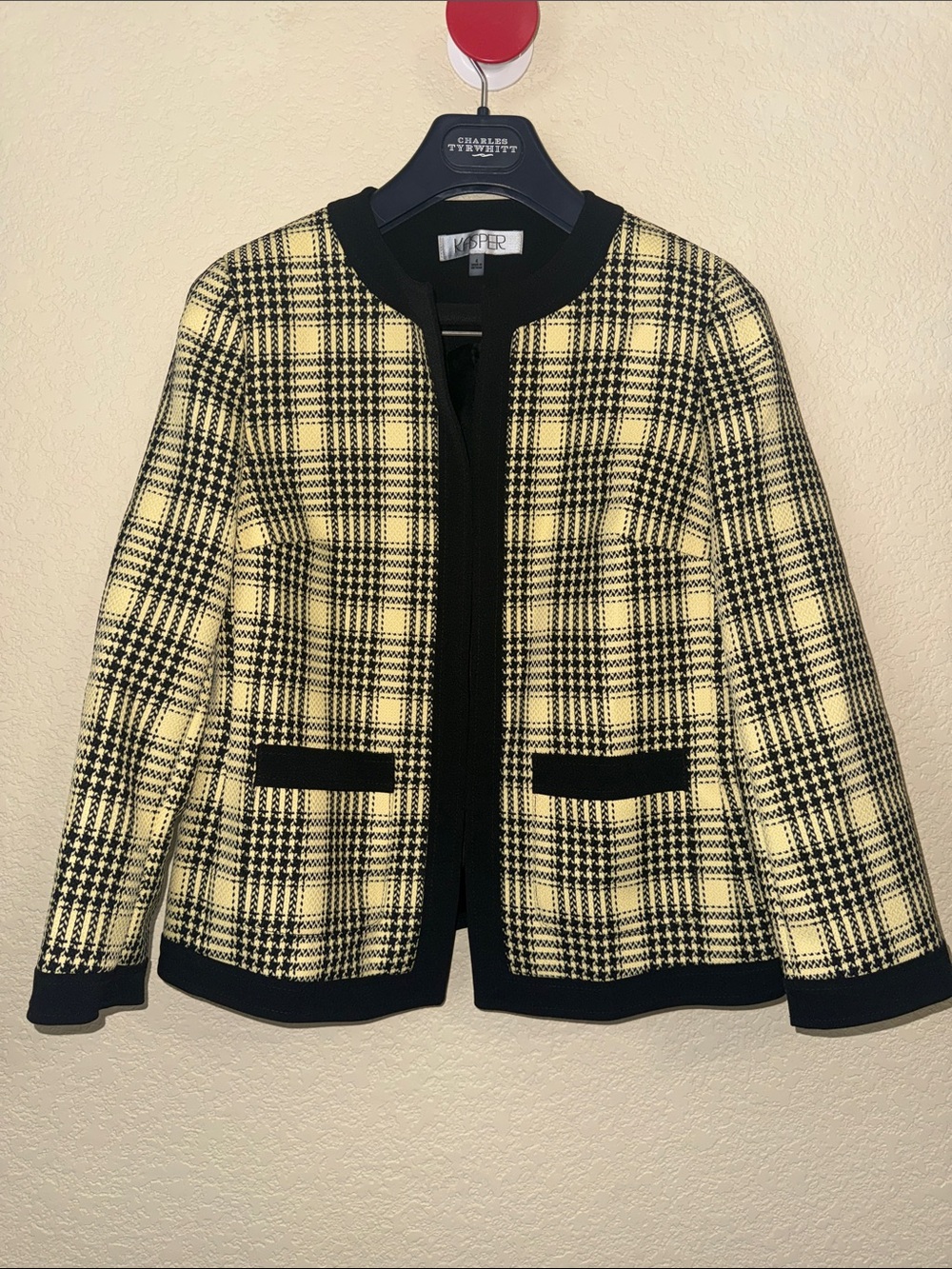Kasper Black Ivory Plaid Open Front Career Blazer Jacket Size 4